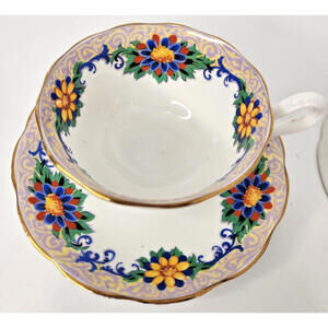 Royal Albert Crown China Rare Blue Yellow Red Daisy Banner 4992 Teacup & Saucer